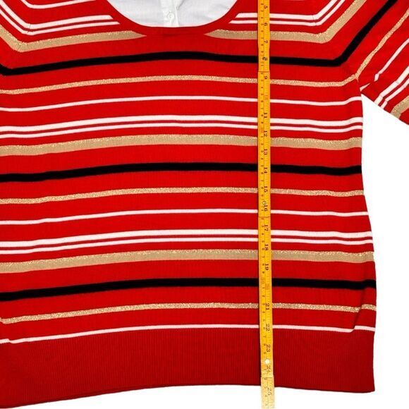 Notations Red Striped Gold Glitter Detail Collared Pullover Sweater. 2X. Plus. - Picture 4 of 7